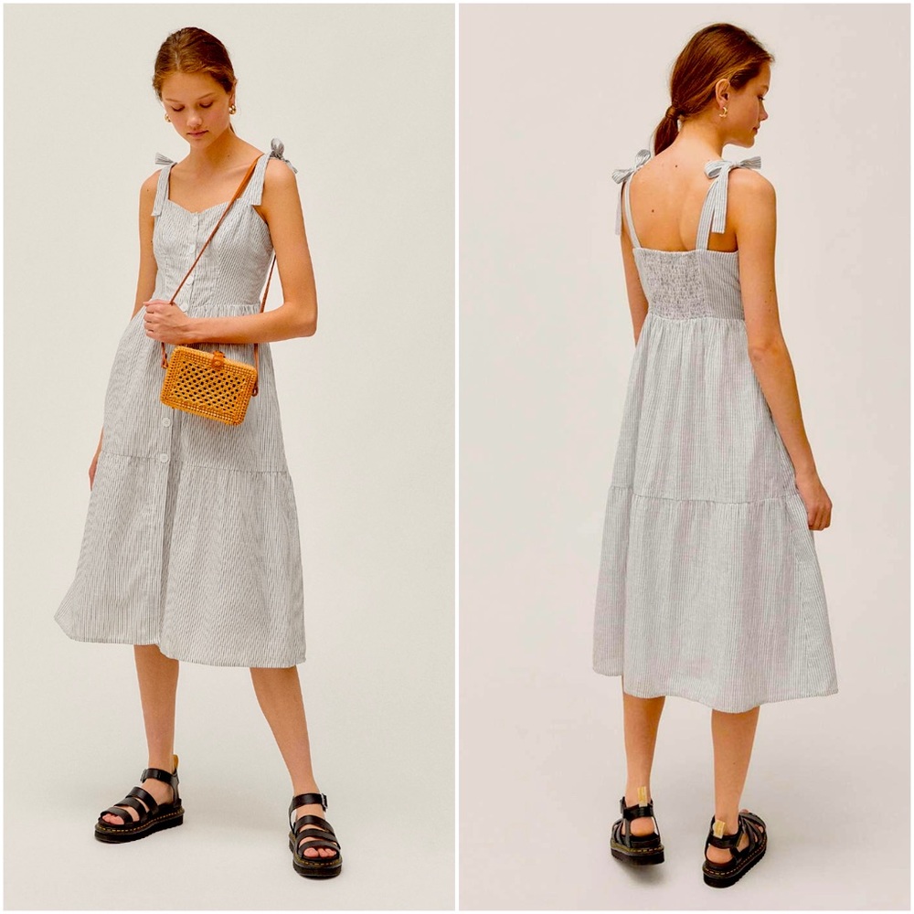 UO Positano Linen Tie-Shoulder Midi Spring Summer Dress (XS)